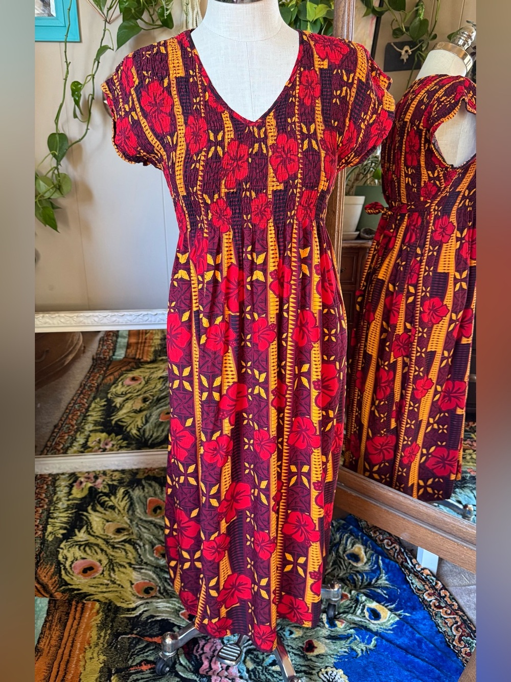 Mesian Original Style Tropical Floral Smocked Midi Dress, size XL